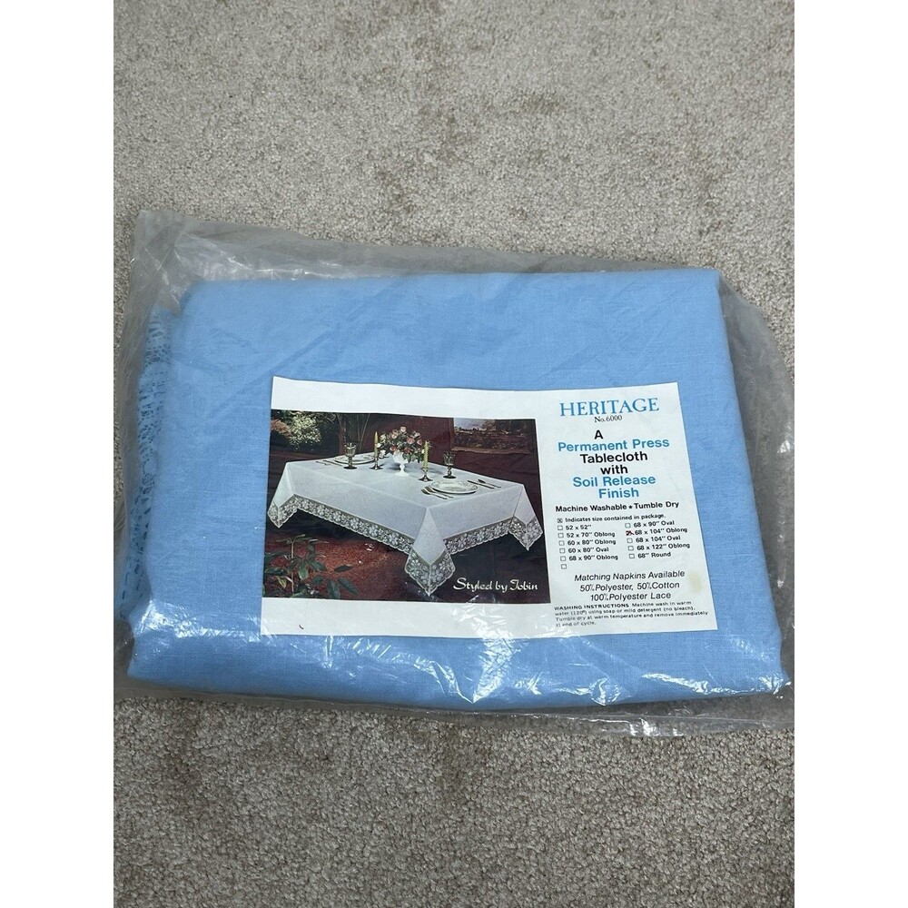 Heritage Tobin Blue Tablecloth 68x104 Oblong Rectangle Lace Trim NOS Open Bag